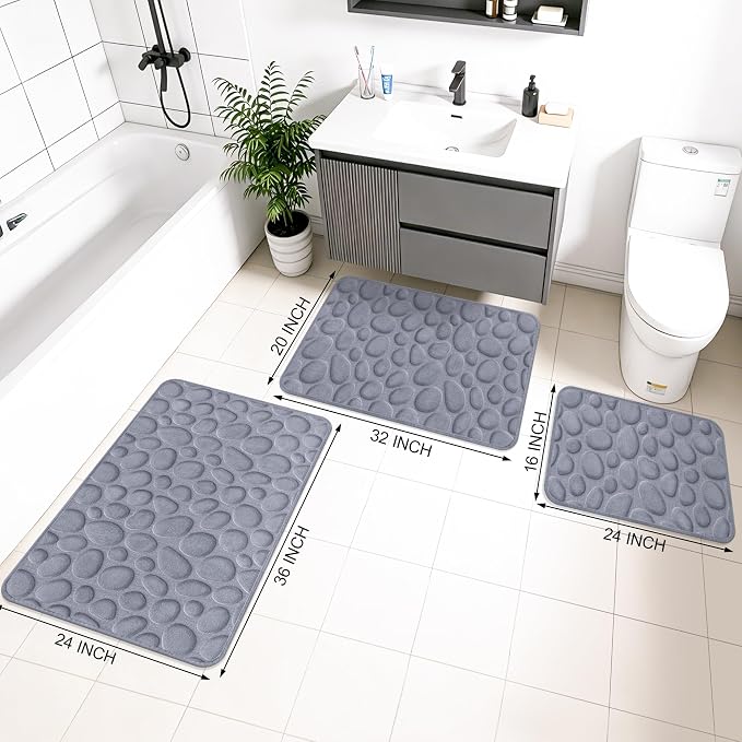 Stone Bath Mats, Non-Slip Memory Foam Bathroom Rugs, 20x32 Gray | TPR Rubber Backing,Ultra Soft,Highly Absorbent,Machine Washable,Quick Dry for Tub and Shower, Home Decor Accessories