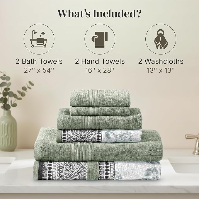 Modern Threads 6 Piece Bath Towel Set – Bathroom Set with 2 Bath Towels, 2 Hand Towels, and 2 Wash Cloths – 100% Cotton, Super Absorbent & Extra Soft – Reversible Floral Trail (Sage Green)