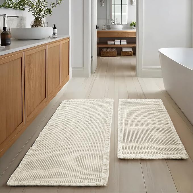 JIUZHEN Set of 2 Waffle Bath Mats Boho Bathroom Runner Rug 20"x32"+24"x48" | Ivory, Non Slip, Super Absorbent, Washable, Ultra Soft, Fast Drying Bath Rug and Bathroom Runner for Kitchen Hallway Laundry