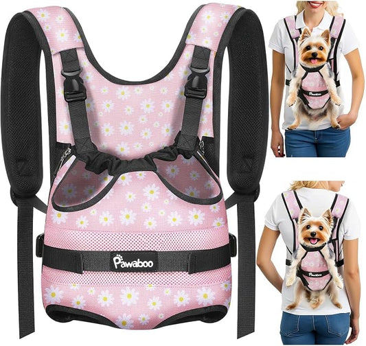 Pawaboo Pet Front Carrier Backpacks for Small Medium Dogs | Legs Out Easy-fit,Adjustable Straps,Hands-free,for Travel Hiking Cycling Camping Pink Daisy S