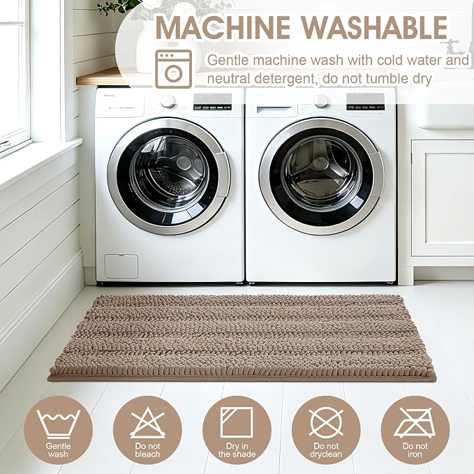 ACCUMTEK Striped Dark Beige Bathroom Rug Mat Set 2 piece 32"x20"+60"x20" Ultra Soft, Non Slip Chenille Bath Rugs, Absorbent Plush Shaggy Bath Mats for Bathroom, Bedroom, Kitchen, Shower, Tub,Taupe