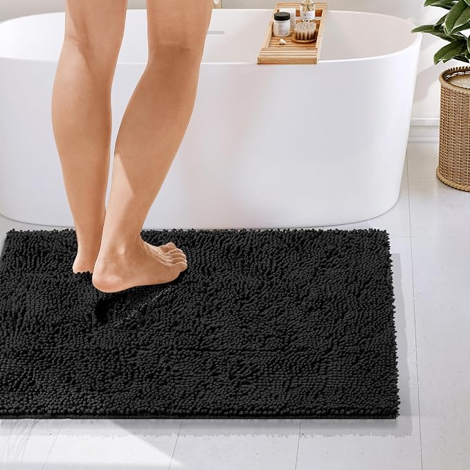 Hearth & Harbor Bathroom Rugs, Chenille Bath Mat - Machine Washable Bath Mats for Bathroom Non-Slip Backing Rubber, Quick Dry Bathroom Mat - Black 24x36