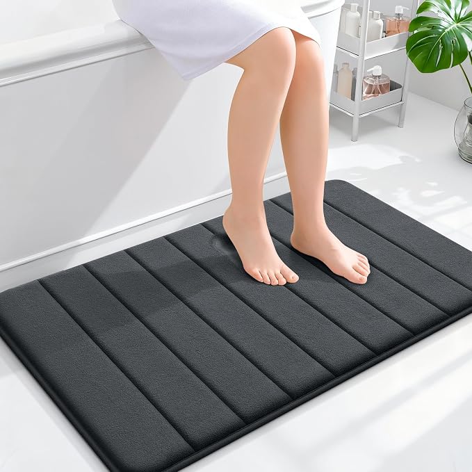 OLANLY Memory Foam Bath Mat 35x24, Super Soft and Absorbent Bathroom Rugs | Dark Gray, Quick Dry Bath Rug, Machine Washable Shower Floor Mats, Bathmat Carpet for Bathroom Floor, Tub and Shower
