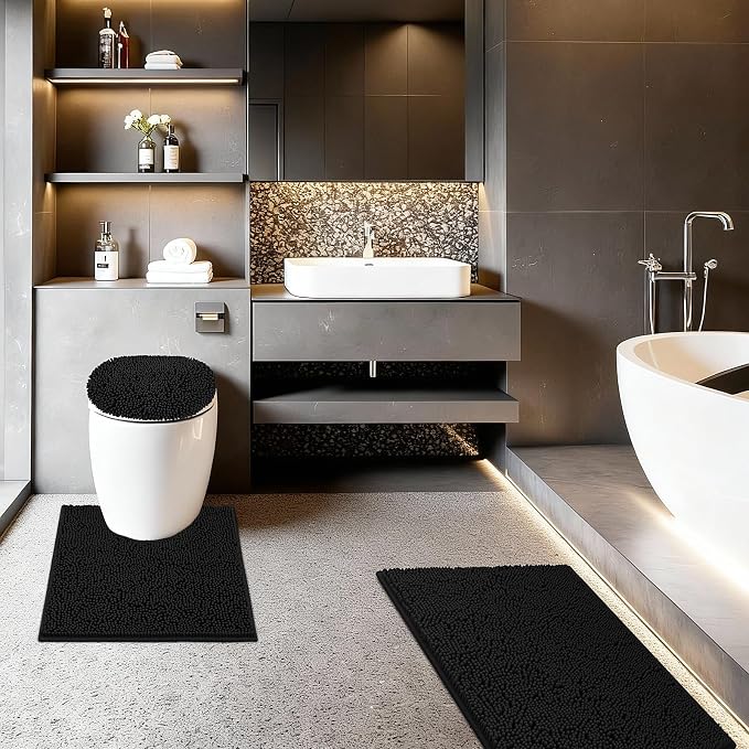 Bathroom Rugs Sets 3 Piece with Toilet Seat Cover 19.5"x 18.5" | Machine Washable Bath Rug Set with Tpr Non Slip Rubber Backing Solid Bath Mat Set for Luxury Bathroom Decoration