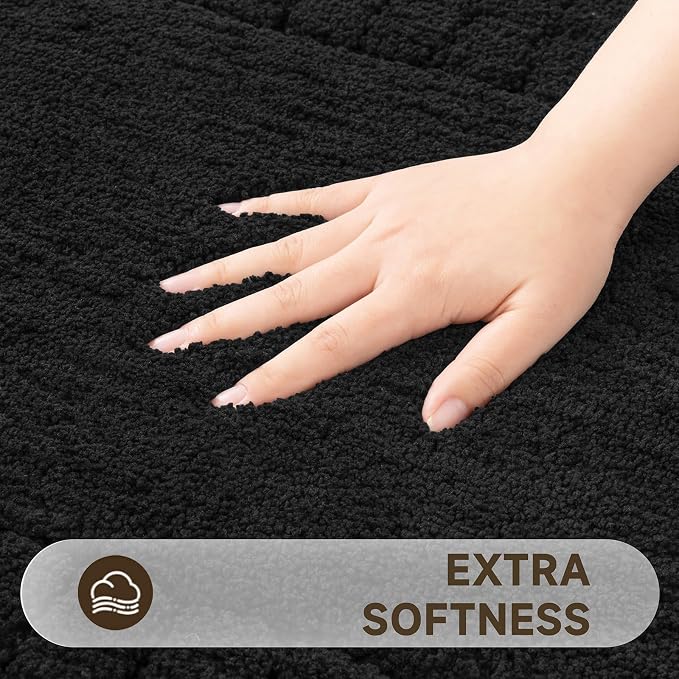 Pauwer Bathroom Rugs Set 5 Piece, Microfiber Bath Mat Set, Black | Non Slip Washable Bath Mat with U Shaped Toilet Rug, Plush Absorbent Shower Rug, Toilet Lid Cover, Quick Dry Floor Carpet