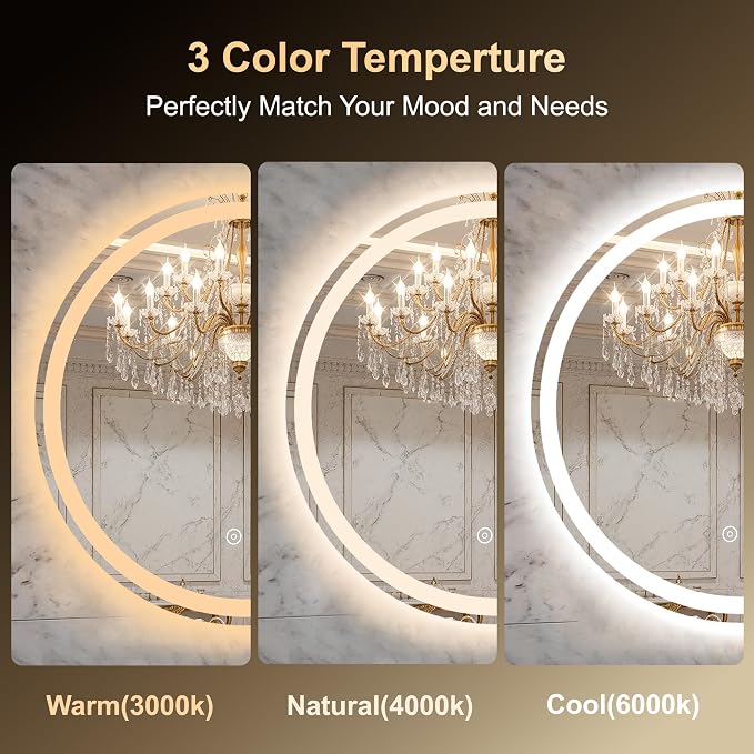 36 Inch Round LED Bathroom Mirror with Lights, Circle Lighted Vanity Mirror | Smart Anti-Fog, Dimmable 3 Color Modes, Backlit+Frontlit, Memory Function, HD Tempered Glass, Touch Sensor