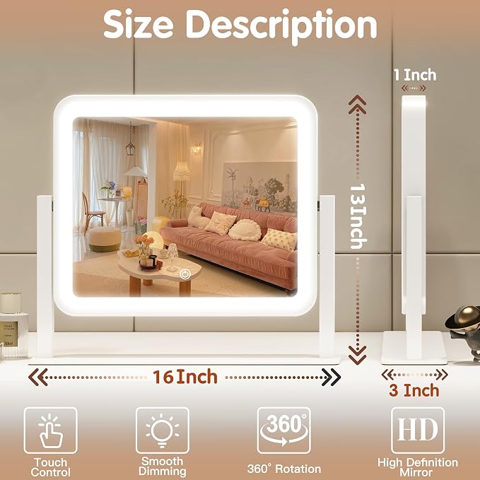 FENNIO Vanity Mirror with Lights 16"×13" Makeup Mirror with Lights,Lighted Vanity Mirror Tabletop,Smart Touch with 3-Color Lighting,Dimmable,for Vanity Desk Tabletop