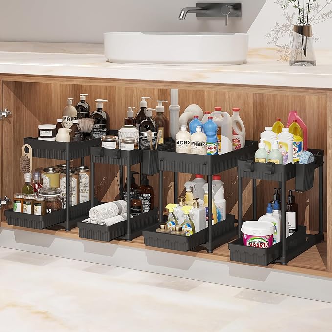 Sevenblue 4 Pack Under Sink Organizer, Bathroom Organizers and Storage, 2 Tier Multi-Use Pull Out Cabinet Organizer with Hang Hooks and Cups (Black, 4 Pack) | Multi-use kitchen & bathroom storage. Includes hanging hooks and cups. Black, space-saving ca...