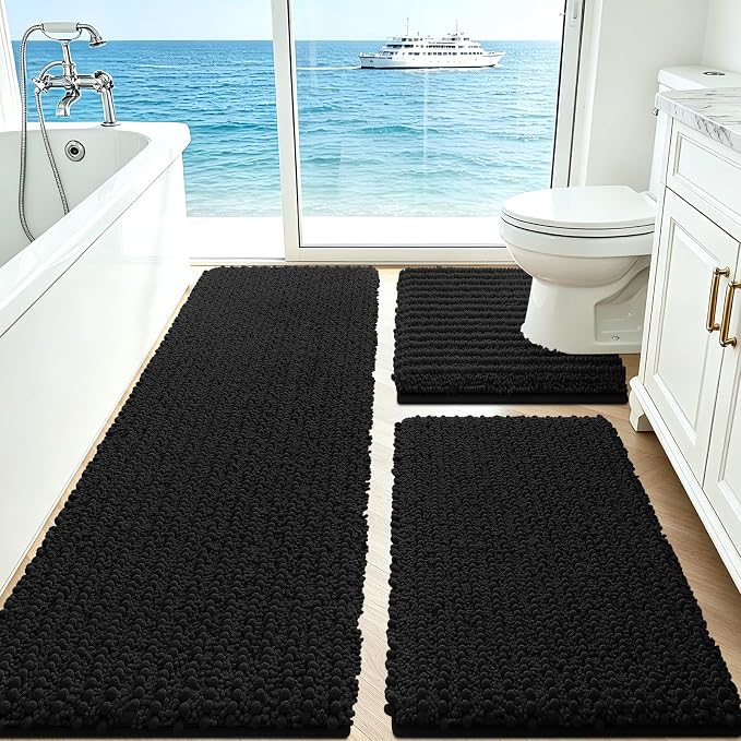 ACCUMTEK Upgrade Extra Large Black Bathroom Rug Set 3 Pieces Ultra Soft, Thick Absorbent Bath Mats, Non Slip Chenille Toilet Mat for Bathroom, Bedroom, Kitchen