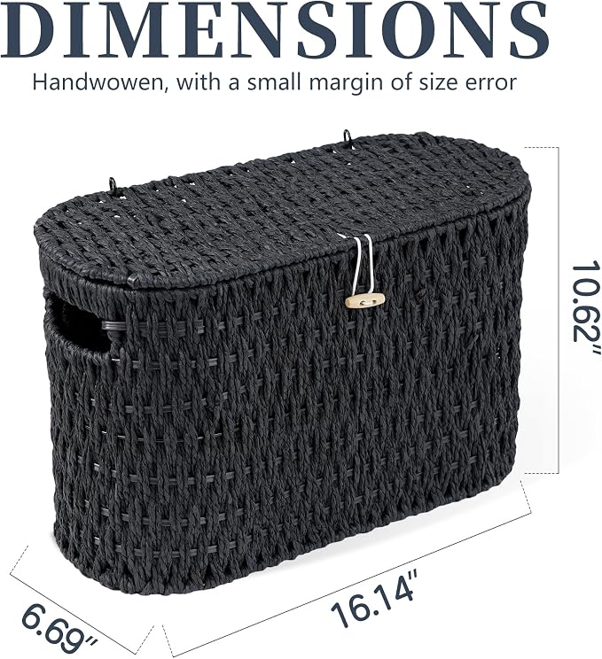 Coeusy Toilet Paper Storage Basket with Lid, Paper Rope Toilet Paper Holder for Up to 6 Mega Rolls, Wicker Basket for Bathroom Accessories Organizer, Boho Hand Woven Rattan Decorative Decor, Black