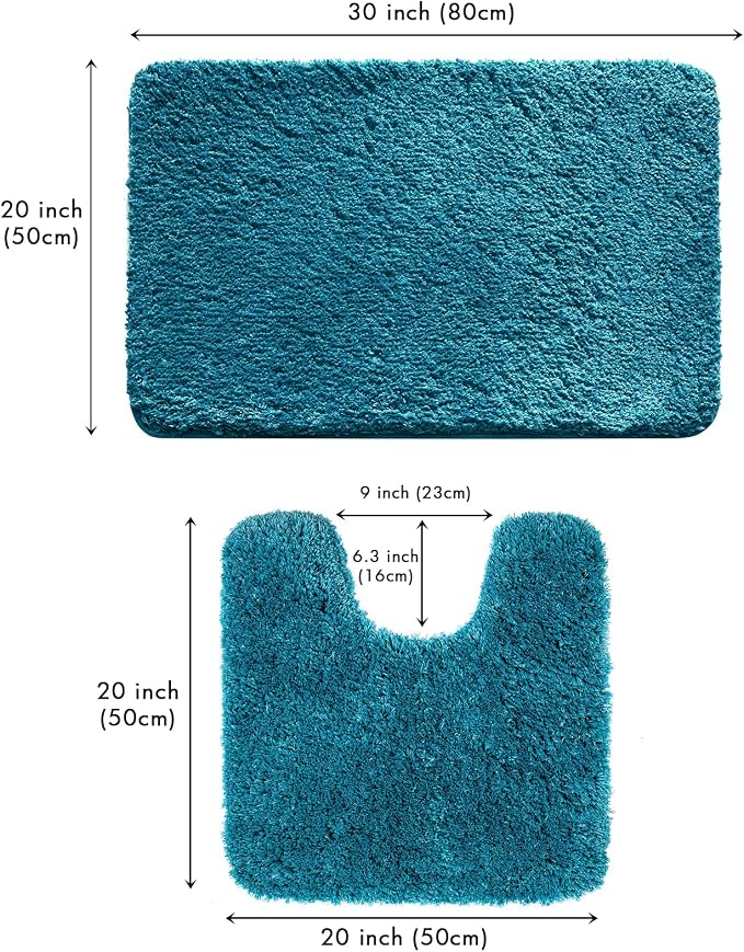 MIULEE Teal Bathroom Rugs Set 2 Piece Soft Bath Mats 20x20+20x32 Inch | Absorbent Microfiber Bath Mat and U-Shaped Toilet Rug, Non Slip, Quick Dry, for Bathroom Floor Tub Showers, Machine Washable