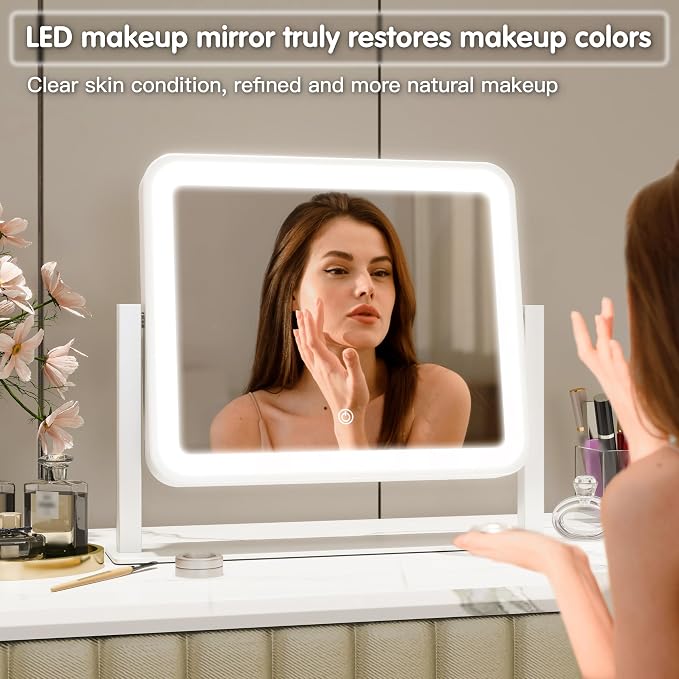 FENNIO Vanity Mirror with Lights 14"×12" Makeup Mirror with Lights,Lighted Vanity Mirror Tabletop,Smart Touch with 3-Color Lighting,Dimmable,for Vanity Desk Tabletop (Pack of 2)