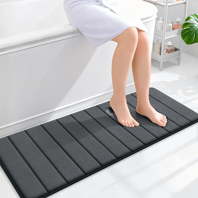 OLANLY Memory Foam Long Bathroom Rugs Runner 47x17, Super Soft Absorbent | Dark Gray, Quick Dry Bath Mat, Machine Washable Shower Floor Rugs, Bathmat Carpet for Bathroom Floor, Tub and Shower
