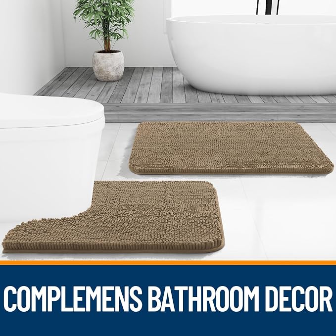 OLANLY Chenille Bathroom Rugs Mats Sets 2 Piece, 24"x16"+24"x20", Tan | Soft Absorbent Bath Mat and U-Shaped Contour Toilet Rug Set, Quick Dry, Machine Washable Bath Carpet, Home Decor Accessories