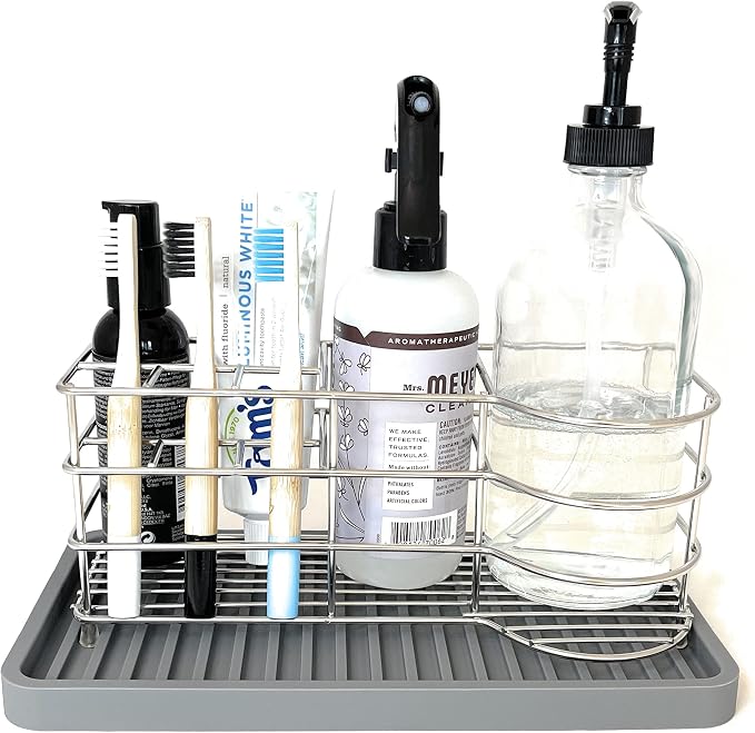 Silicone Sink and Surface Organizer Tray, Sponge Holder, Vanity Tray, Trivet, Heat Safe, Dishwasher Safe, for Bathroom and Kitchen Organization (Grey, 10"x5.25")