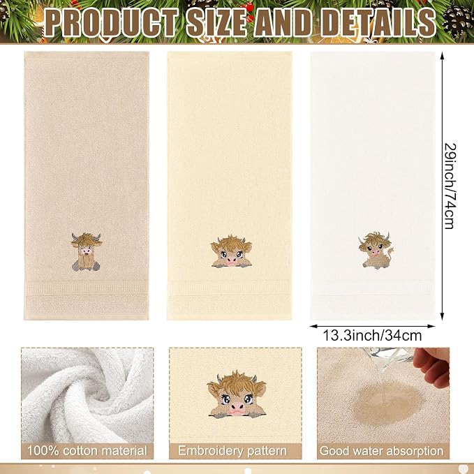 3 Pcs Mini Highland Cow Baby Hand Towels for Bathroom Kitchen Decor | Embroidered Calf Design, 100% Cotton, Farmhouse Bathroom Kitchen Decor, Absorbent Towels, Holiday Housewarming Gifts