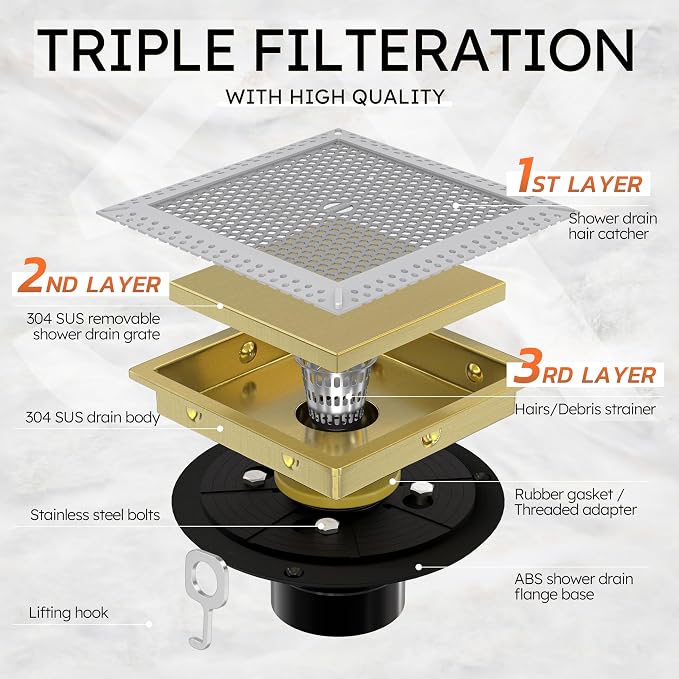 6 Inch Square Gold Shower Drain with Flange,Modern Floor Drain with 2-in-1 Cover Tiled Insert Grate,SUS 304 Stainless Steel