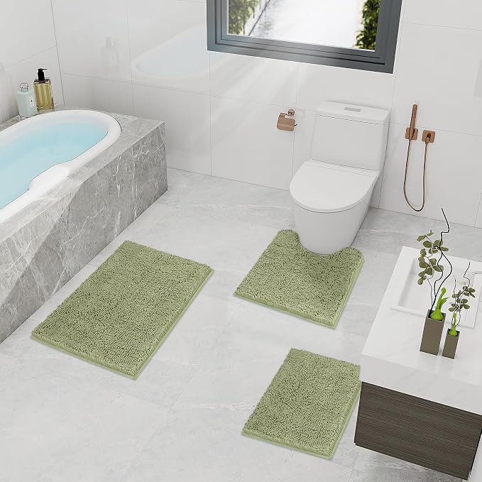 TREETONE Bathroom Rugs Sets, Thick Soft Absorbent 3 Piece Chenille Bath Rugs, Non-Slip, Dry Quickly, Machine Washable, Shaggy Mats with U-Shaped Toilet Rug for Bath Floor, Tub and Shower, Sage Green