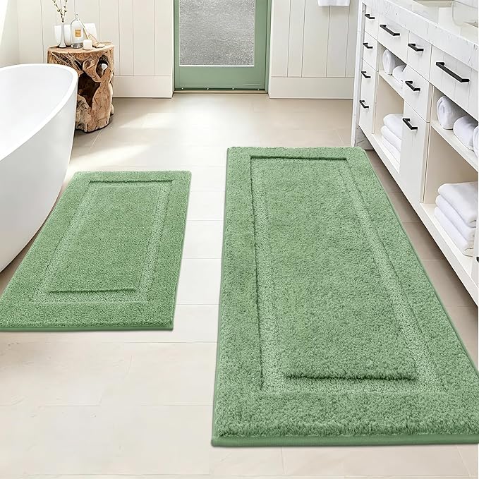 SHACOS Soft Microfiber Bathroom Rugs Set of 2 Pieces, Sage Green | 47x20 + 32x20, Absorbent Plush Bath Rugs, Non Slip Washable Shaggy Bath Mats, Fluffy Bathroom Runner Floor Mats Shower Rug