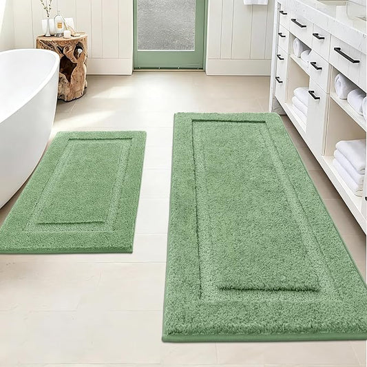 SHACOS Soft Microfiber Bathroom Rugs Set of 2 Pieces, Sage Green | 47x20 + 32x20, Absorbent Plush Bath Rugs, Non Slip Washable Shaggy Bath Mats, Fluffy Bathroom Runner Floor Mats Shower Rug