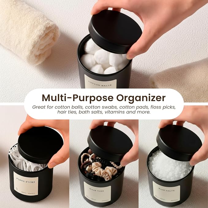 MaisoNovo Glass Bathroom Containers with Lids (Airtight) - Qtip Holder - Apothecary Jars for Cotton Rounds, Swabs, Balls, Pads - Black Q Tip Dispenser - 2 pcs Bathroom Canisters Set for Organization