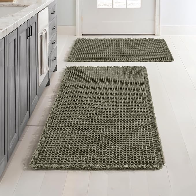 MIULEE Set of 2 Waffle Bathroom Rugs Boho Bath Mat Green 17"x24"+18"x30" | Non Slip, Super Absorbent, Washable, Ultra Soft, Rubber Backed, Small Bath Rugs for Bathroom Floor Tub Shower