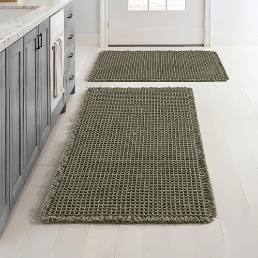 MIULEE Set of 2 Waffle Bathroom Rugs Boho Bath Mat Green 17"x24"+18"x30" | Non Slip, Super Absorbent, Washable, Ultra Soft, Rubber Backed, Small Bath Rugs for Bathroom Floor Tub Shower