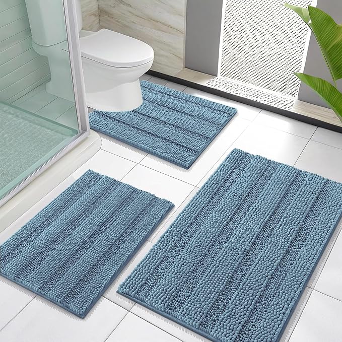 OLANLY Thick Chenille Bathroom Rugs Sets 3 Piece, 30"x20"+24"x16"+24"x20" | Airy Blue, Absorbent Bath Mats and U-Shaped Contour Toilet Rug, Home Decor Accessories, Bath Mat Set for Bathroom