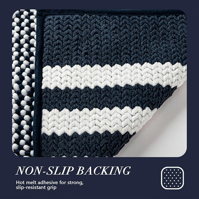 Bathroom Rugs, 20x32 Chenille Bath Mats, Navy Blue | Extra Soft Absorbent, Non Slip Striped, Quick Dry Machine Washable, Modern, Shower Rug for Bathroom Bedroom Decor