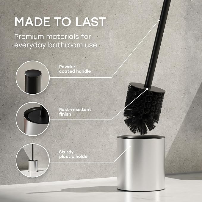 Toilet Bowl Brush and Holder Set for Bathroom – Silver | Stainless steel toilet brush set with enclosed holder and built-in splash guard for deep bathroom cleaning in silver