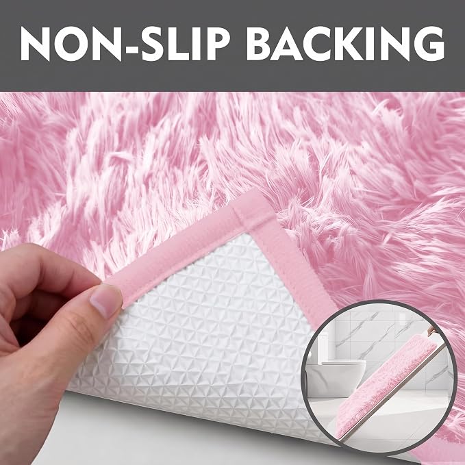 Shaggy Bathroom Rugs Sets 3Piece Bath Mat for Bathrom Non-Slip Bathrom Mats Water Absorbent Bath Rug Floor Mats Soft Washable Shower Rug with U-Shaped Contour Rug Toilet Lid Cover Light Pink