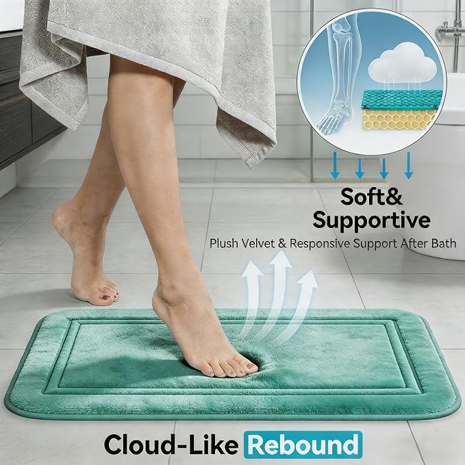 Bathroom Rugs Set 3 Piece Memory Foam, Bordered Toilet Rug, Non-Slip Teal | Coastal & Boho Decor — Rich Teal bath mats, absorbent and washable, with a U-shaped toilet mat.