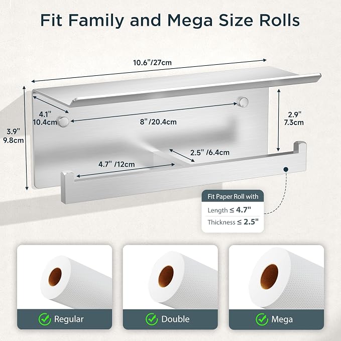 FORIOUS Double Toilet Paper Holder with Shelf, 304 Stainless Steel Wall Mount Commercial Toilet Paper Dispenser, Low Maintenance Bathroom Tissue Roll Holder for Hotel, Apartments, etc, Brushed Nickel