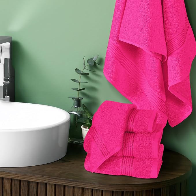 Ultra Soft 6 Pack Cotton Towel Set, Contains 2 Bath Towels 28x55 inch, 2 Hand Towels 16x24 inch & 2 Wash Coths 12x12 inch, Ideal Everyday use, Compact & Lightweight - Hot Pink