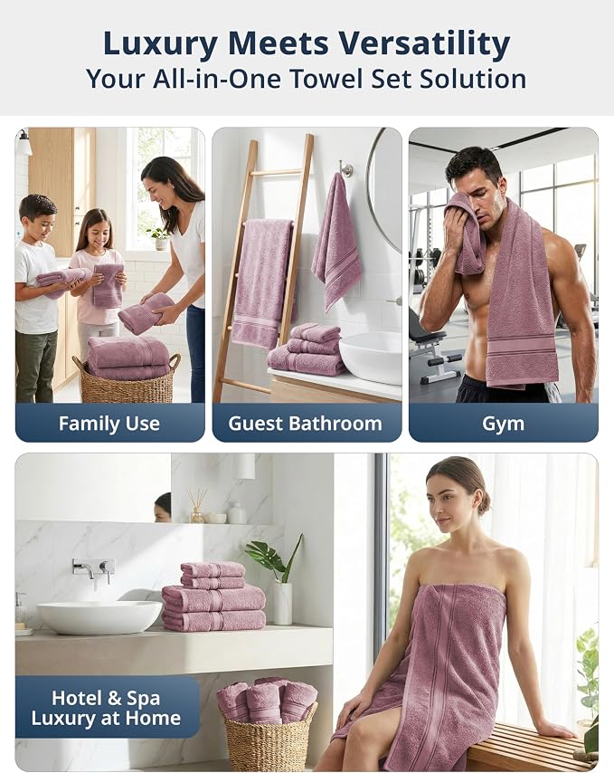LANE LINEN Bath Towel Set 100% Cotton 12 Piece Soft - Wishful Mauve | Cotton Towel Set - Densely Woven, Coordinated Colors, Dobby Border Accent, OEKO-TEX Certified, Zero-Twist Durability