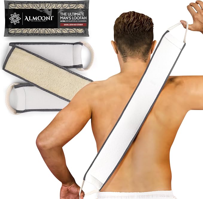ALMOONI Men's Back Scrubber for Shower, Loofah Sponge, Gray, 1 Count | Natural Egyptian Loofah Sponge, Long Back Scrubber, Cotton Handles, Men's Shower Scrubber, Gentle Exfoliation