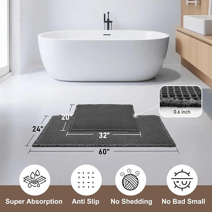JIUZHEN Set of 2 Waffle Bath Mats Boho Bathroom Runner Rug 20"x32"+24"x60" | Black, Non Slip, Super Absorbent, Washable, Ultra Soft, Fast Drying Bath Rug and Bathroom Runner for Kitchen Hallway Laundry