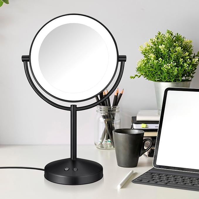 Conair Lighted Makeup Mirror, Double-Sided LED Vanity Mirror with 1X/10X Magnification, 3 Light Settings, 3 Modes, 360° Rotation, Matte Black Finish (Pack of 2)