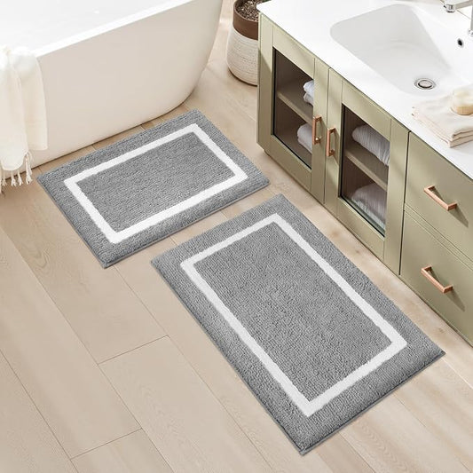 HOMEIDEAS Light Grey Bathroom Rugs Sets 2 Piece 20" x 32" + 16" x 24" | Super Soft and Absorbent Microfiber Tufted Bath Mats, Non-Slip and Machine Washable for Bathroom, Shower, Tub
