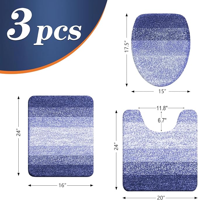 OLANLY Bathroom Rugs Sets 3 piece, Soft Microfiber Absorbent Bath Mat, U-Shaped Contour Toilet Mat and Toilet Lid Cover, Quick Dry, Machine Washable, Toilet Cover and Rug Set for Bathroom, Blue-Violet