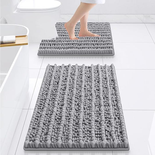 Smiry Bathroom Rugs Sets 2 Piece (24x16+24x20), Extra Soft Bath Mats | Grey Soft Absorbent, Rubber Backing Machine Washable Quick Dry Chenille Bath Rug Set for Tub, Shower, and Floor