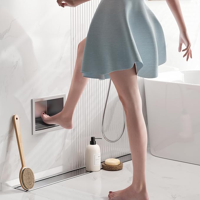Qeke Shower Foot Rest for Shaving Legs, 304 Stainless Steel Footrest Niche with Shaving Holder, Recessed Shower Niche for Shaving Legs, Brushed Nickel