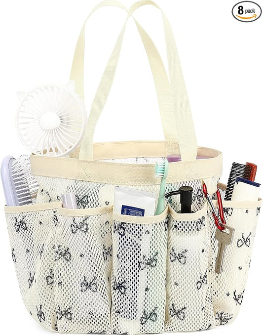 Fammart Mesh Shower Caddy Portable for College Dorm Room Essentials, Odorless Polyester Large Shower Tote Bag with Dual Handles, 8-Pocket Quick-Dry Toiletry Organizer for Travel, Beach, Camping, Gym