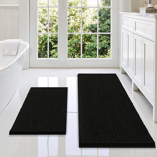Smiry Chenille Bathroom Rugs Sets 2 Piece (47x17+24x16, Black) | Soft Absorbent Machine Washable Non Slip Shaggy Bath Rug Set for Tub, Shower, and Floor, Home Decor