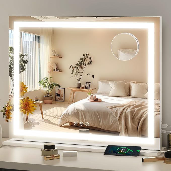 FENNIO 23" x 18" Vanity Mirror with Lights，LED Makeup Mirror，Hollywood Mirror with 3 Color Modes & Adjustable Brightness，Vanity Mirror Square White