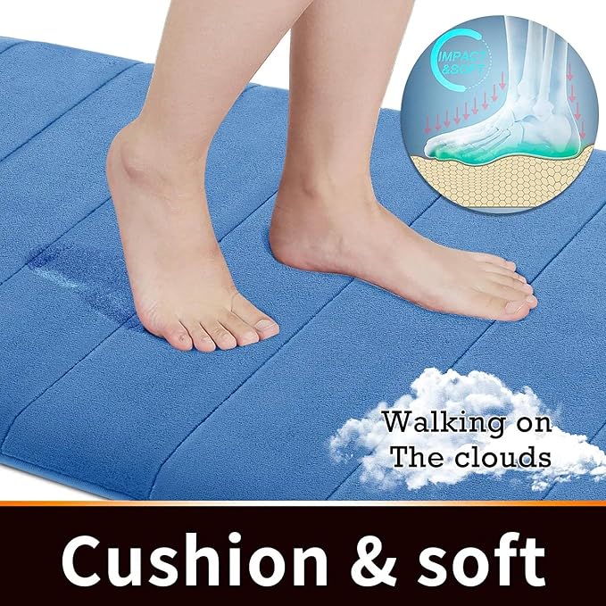 Yimobra Memory Foam Bath Mat, Super Soft Absorbent Bathroom Rug Non Slip, Quick Dry, Machine Washable Floor Carpet for Tub Shower, Home Decor Accessories, 24x17, Blue