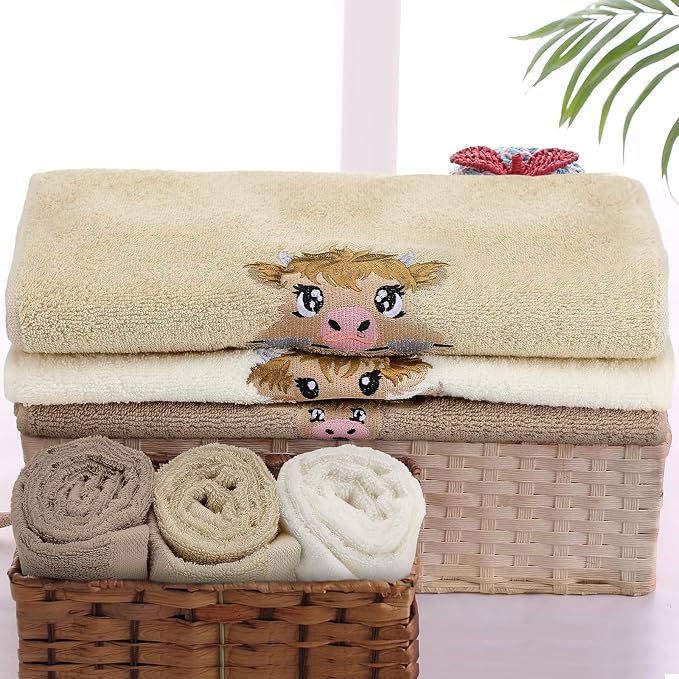 3 Pcs Mini Highland Cow Baby Hand Towels for Bathroom Kitchen Decor | Embroidered Calf Design, 100% Cotton, Farmhouse Bathroom Kitchen Decor, Absorbent Towels, Holiday Housewarming Gifts