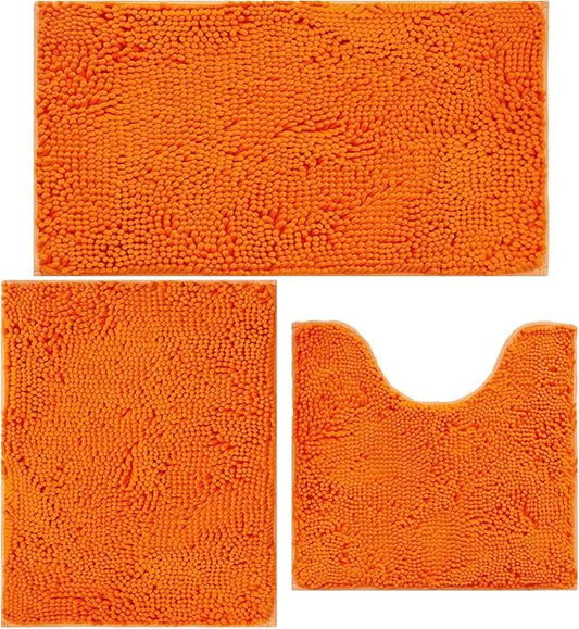 Bathroom Rugs Chenille Bath mat 3 Piece Set, Super Absorbent, Strong PVC Non Slip Backing, Bath mats for Bathroom, Plush Shaggy, Thick, Machine Washable, Bathtub, Shower, Orange