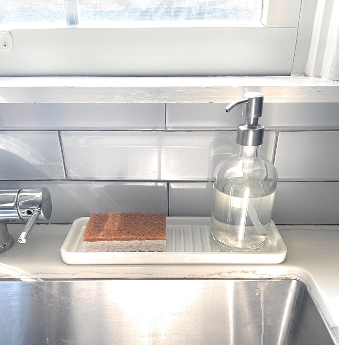 Silicone Sink and Surface Organizer Tray, Sponge Holder, Vanity Tray, Heat Safe, Dishwasher Safe, for Bathroom and Kitchen Organization (Light Grey, 12"x4")