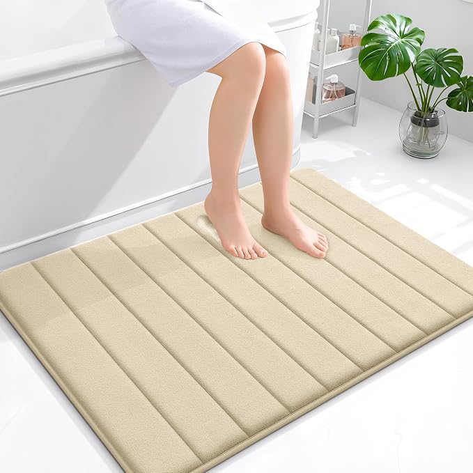 OLANLY Memory Foam Large Bath Mat 40x32, Super Soft Absorbent Bathroom Rugs | Beige, Quick Dry Bath Rug, Machine Washable Shower Floor Mats, Bathmat Carpet for Bathroom Floor, Tub and Shower
